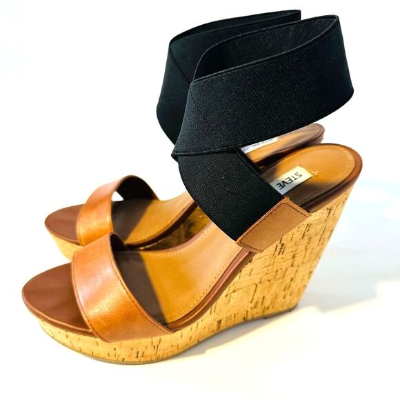 Steve Madden Women's 7 M Roper Wedge Cork Sandals Platform Heels Brown Black - Picture 2 of 14